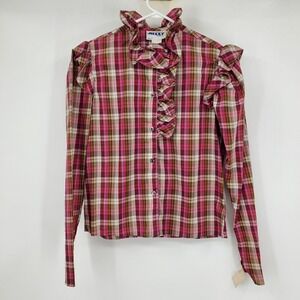 New Vintage‎ Jazzy Pink Plaid Button 7 Ruffle Farmgirl Cottagecore Prairie Shirt